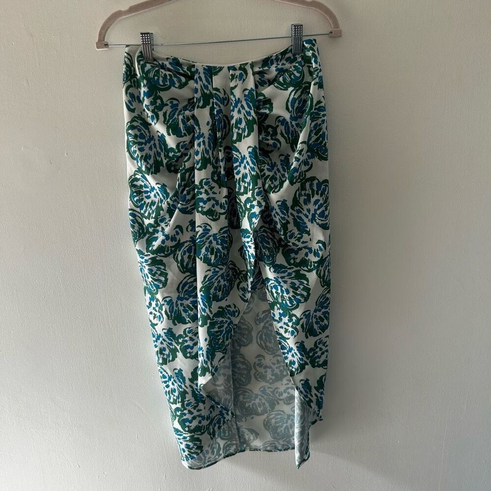 C/MEO Collective Green Asymmetrical Midi Length Skirt Size S tropical botanical